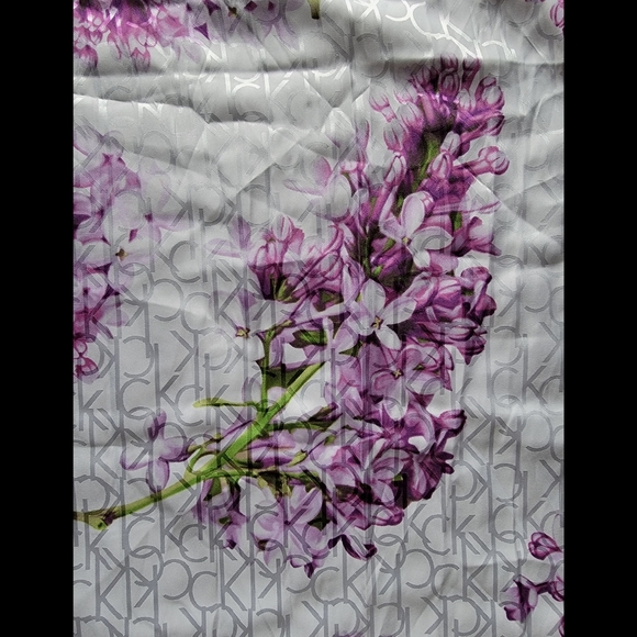 Unique White Women's CK Monogram Purple Flower Printed Polyester Scarf - Picture 3 of 8